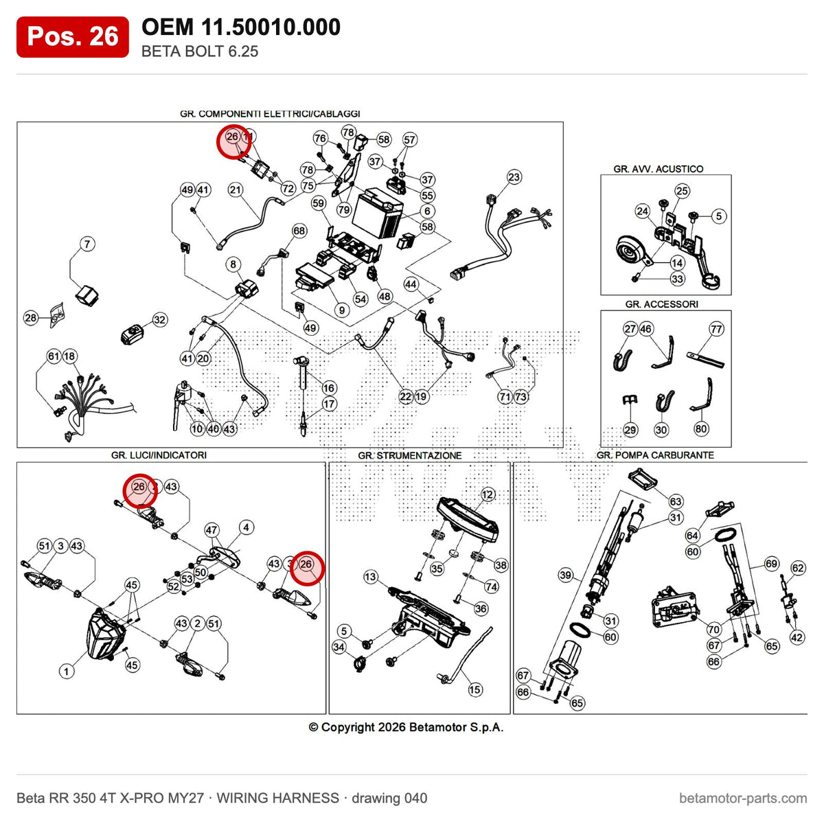 BETA BOLT 6.25 – OEM 11.50010.000, position 26 on the Beta RR 350 4T X-PRO MY27 wiring harness drawing