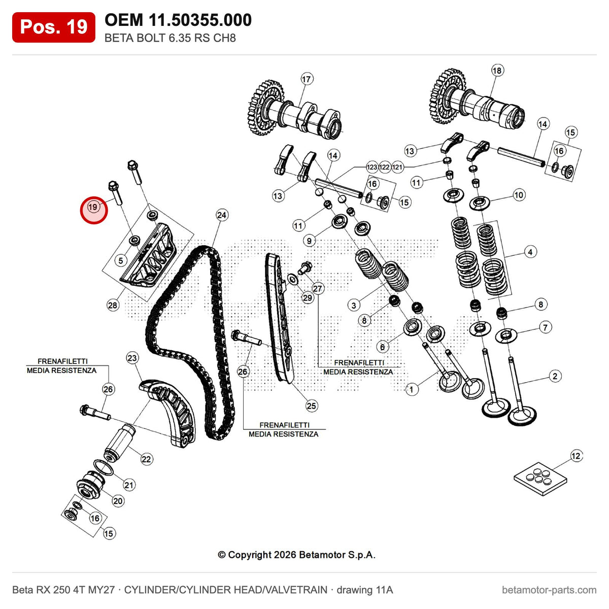 BETA BOLT 6.35 RS CH8 – OEM 11.50355.000, position 19 on the Beta RX 250 4T MY27 cylinder/cylinder head/valvetrain drawing
