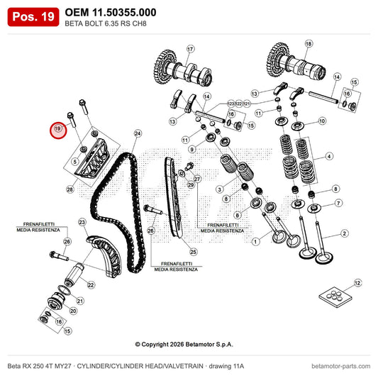 BETA BOLT 6.35 RS CH8 – OEM 11.50355.000, position 19 on the Beta RX 250 4T MY27 cylinder/cylinder head/valvetrain drawing