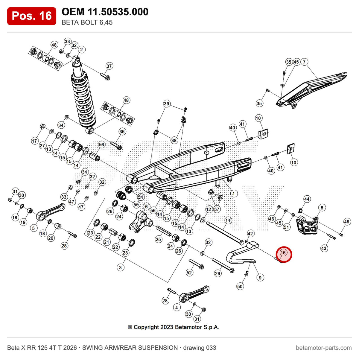 BETA BOLT 6,45 – OEM 11.50535.000, position 16 on the Beta X RR 125 4T T 2026 swing arm/rear suspension drawing