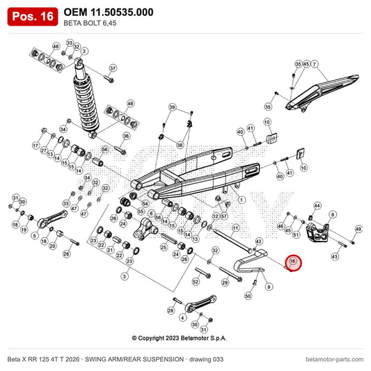 BETA BOLT 6,45 – OEM 11.50535.000, position 16 on the Beta X RR 125 4T T 2026 swing arm/rear suspension drawing