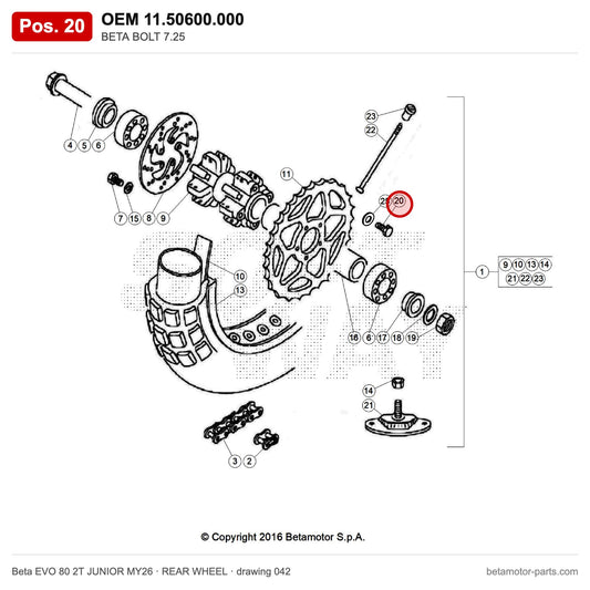 BETA BOLT 7.25 – OEM 11.50600.000, position 20 on the Beta EVO 80 2T JUNIOR MY26 rear wheel drawing