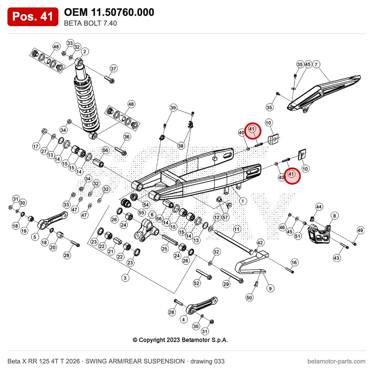 BETA BOLT 7.40 – OEM 11.50760.000, position 41 on the Beta X RR 125 4T T 2026 swing arm/rear suspension drawing