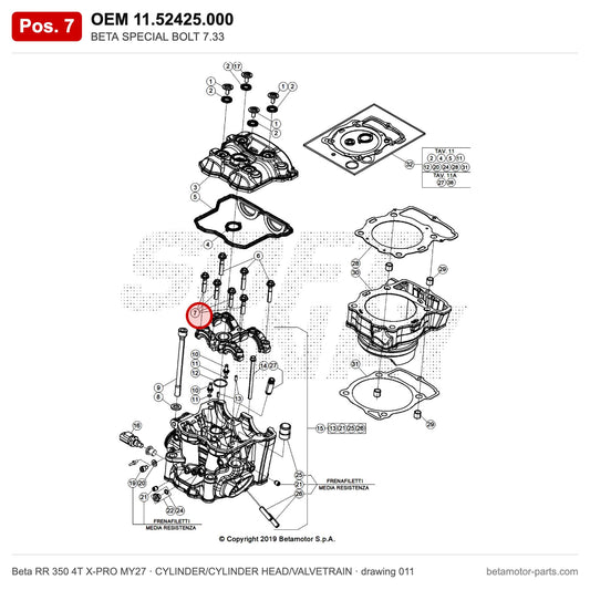 BETA SPECIAL BOLT 7.33 – OEM 11.52425.000, position 7 on the Beta RR 350 4T X-PRO MY27 cylinder/cylinder head/valvetrain drawing
