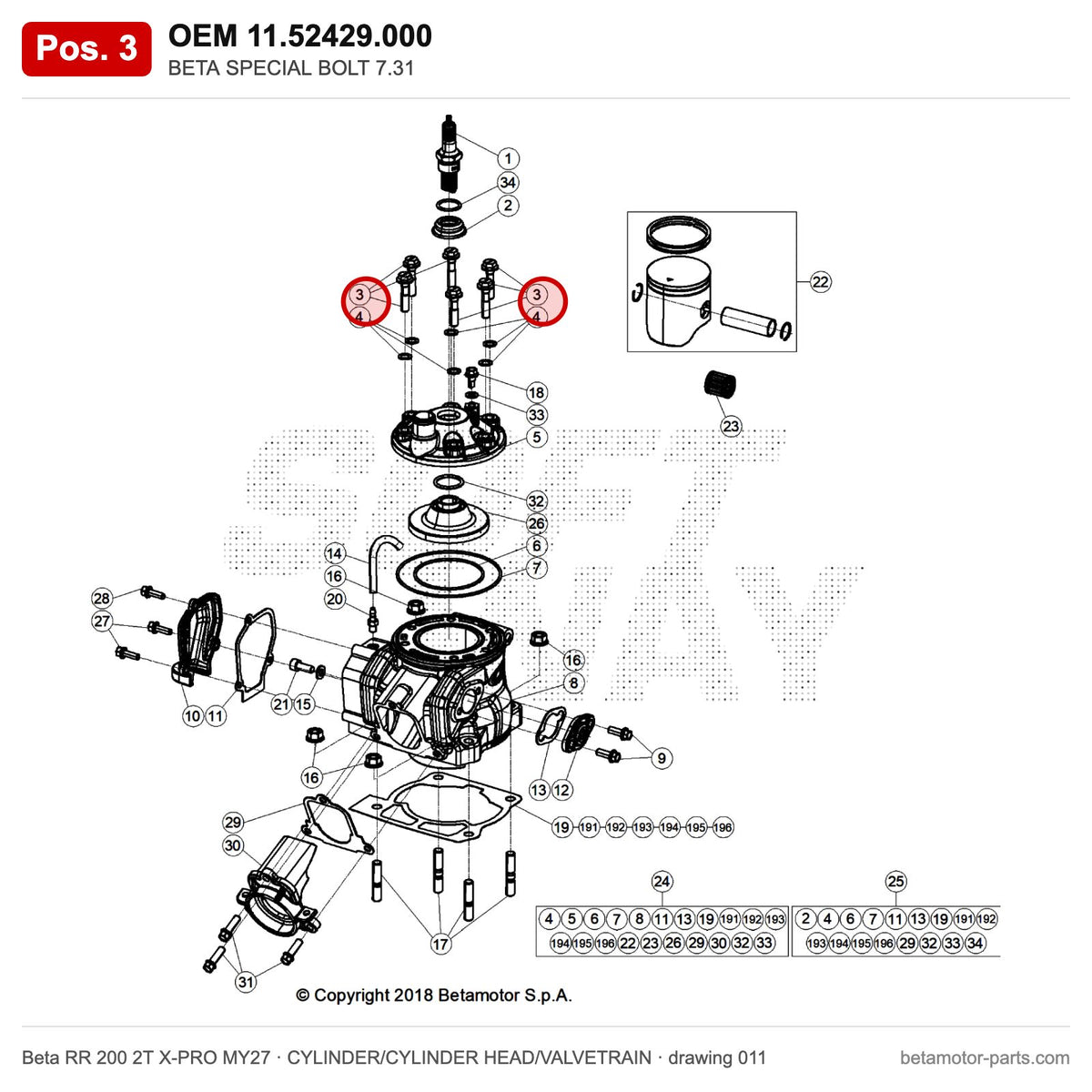 BETA SPECIAL BOLT 7.31 – OEM 11.52429.000, position 3 on the Beta RR 200 2T X-PRO MY27 cylinder/cylinder head/valvetrain drawing