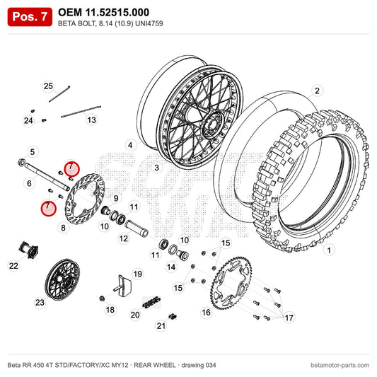 BETA BOLT, 8.14 (10.9) UNI4759 – OEM 11.52515.000, position 7 on the Beta RR 450 4T STD/FACTORY/XC MY12 rear wheel drawing