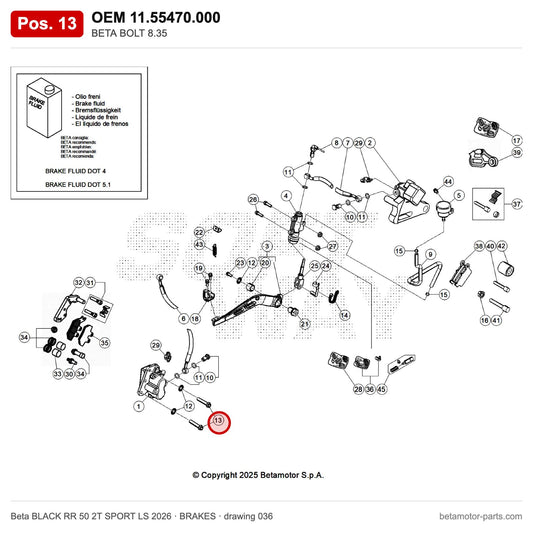 BETA BOLT 8.35 – OEM 11.55470.000, position 13 on the Beta BLACK RR 50 2T SPORT LS 2026 brakes drawing