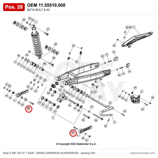 BETA BOLT 8.40 – OEM 11.55510.000, position 28 on the Beta X RR 125 4T T 2026 swing arm/rear suspension drawing