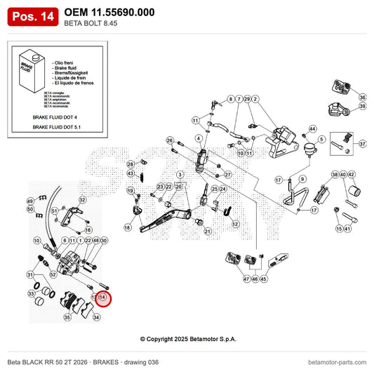 BETA BOLT 8.45 – OEM 11.55690.000, position 14 on the Beta BLACK RR 50 2T 2026 brakes drawing