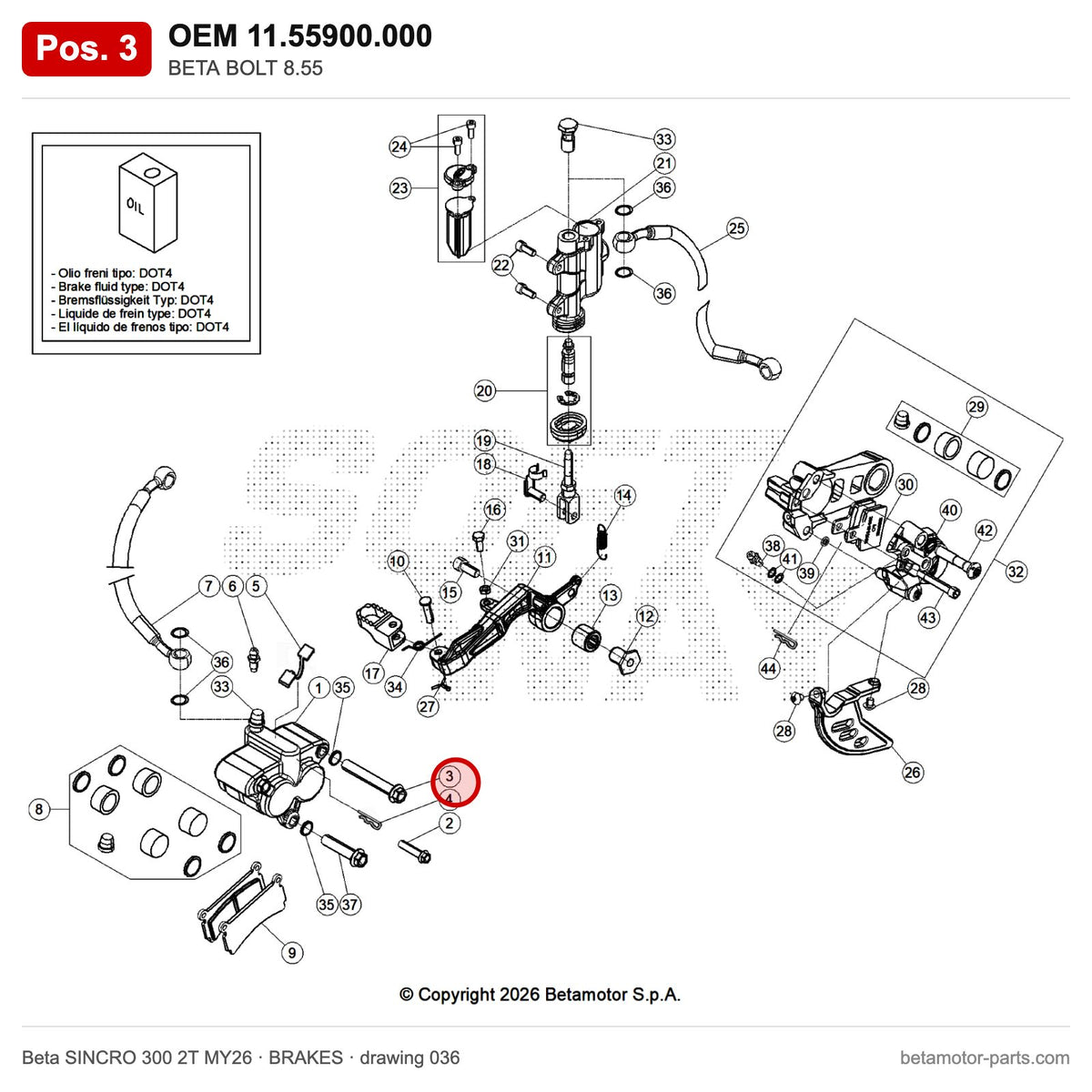 BETA BOLT 8.55 – OEM 11.55900.000, position 3 on the Beta SINCRO 300 2T MY26 brakes drawing