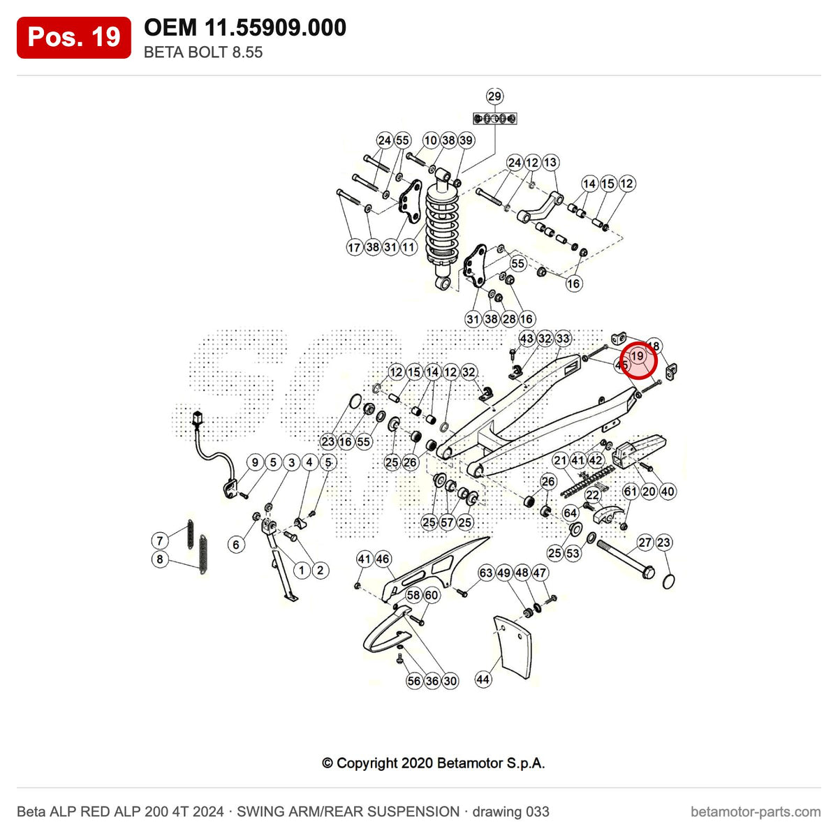 BETA BOLT 8.55 – OEM 11.55909.000, position 19 on the Beta ALP RED ALP 200 4T 2024 swing arm/rear suspension drawing