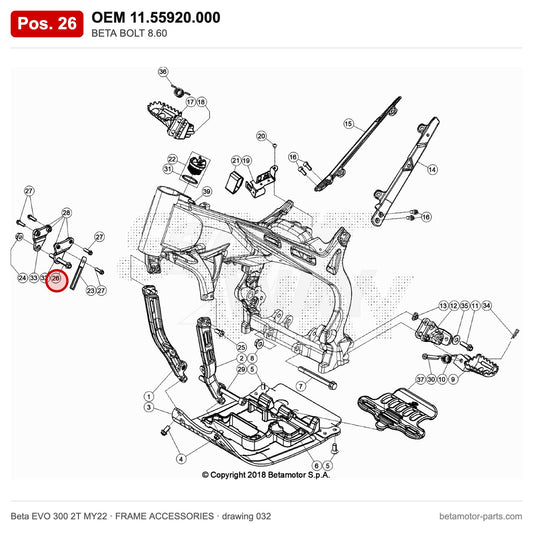 BETA BOLT 8.60 – OEM 11.55920.000, position 26 on the Beta EVO 300 2T MY22 frame accessories drawing