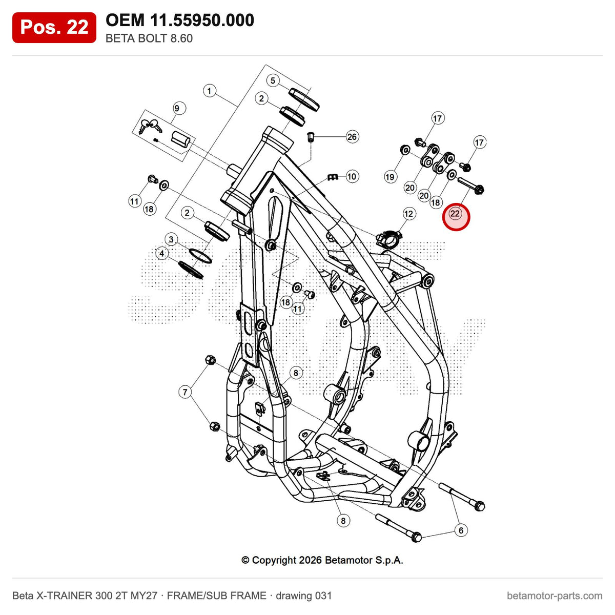 BETA BOLT 8.60 – OEM 11.55950.000, position 22 on the Beta X-TRAINER 300 2T MY27 frame/sub frame drawing