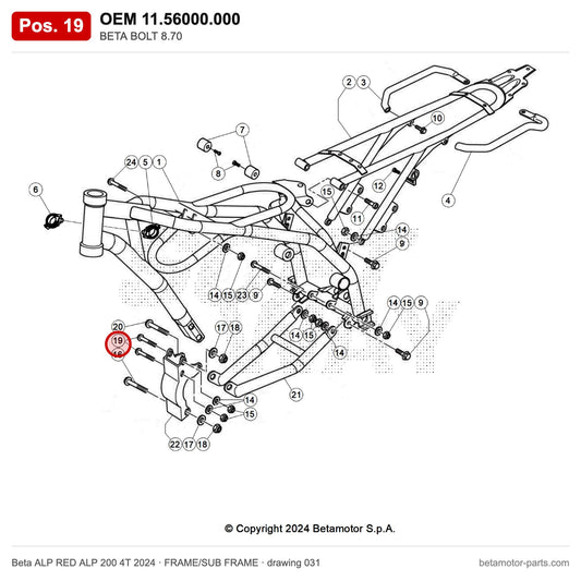 BETA BOLT 8.70 – OEM 11.56000.000, position 19 on the Beta ALP RED ALP 200 4T 2024 frame/sub frame drawing