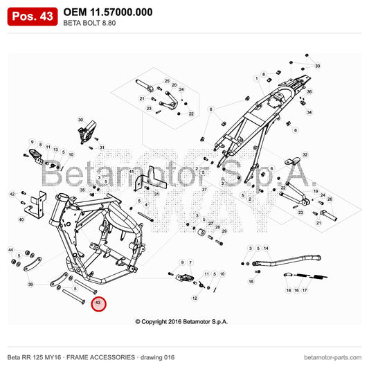 BETA BOLT 8.80 – OEM 11.57000.000, position 43 on the Beta RR 125 MY16 frame accessories drawing