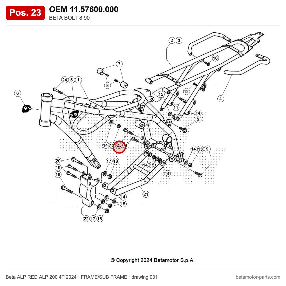 BETA BOLT 8.90 – OEM 11.57600.000, position 23 on the Beta ALP RED ALP 200 4T 2024 frame/sub frame drawing