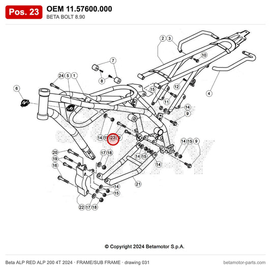 BETA BOLT 8.90 – OEM 11.57600.000, position 23 on the Beta ALP RED ALP 200 4T 2024 frame/sub frame drawing