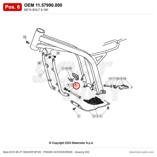 BETA BOLT 8.180 – OEM 11.57990.000, position 6 on the Beta EVO 80 2T SENIOR MY26 frame accessories drawing