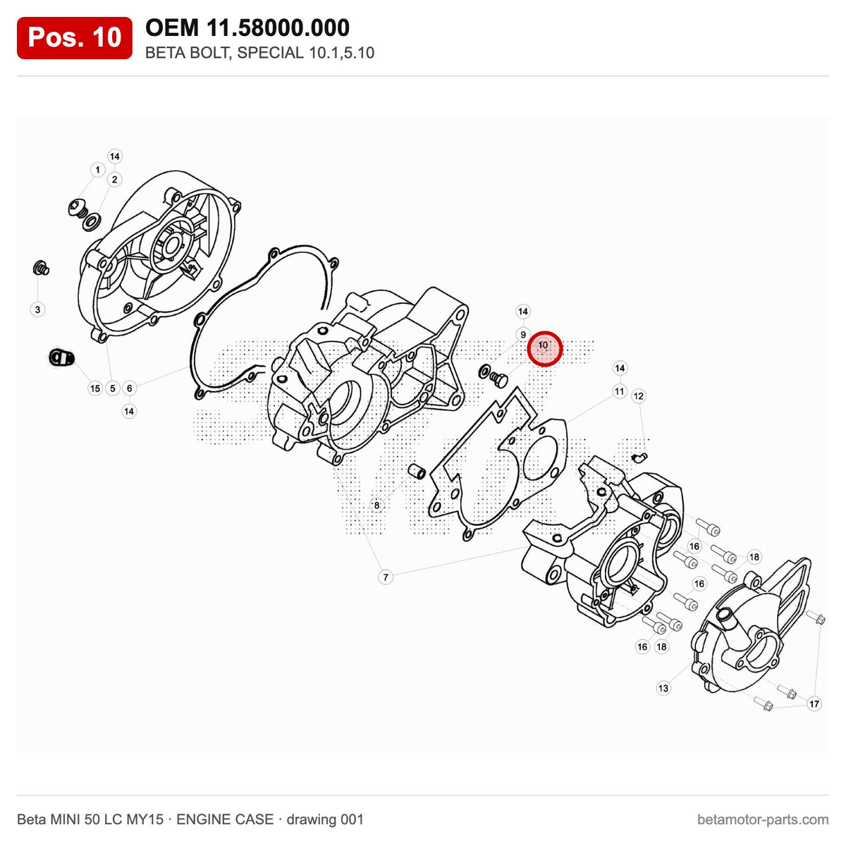 BETA BOLT, SPECIAL 10.1,5.10 – OEM 11.58000.000, position 10 on the Beta MINI 50 LC MY15 engine case drawing
