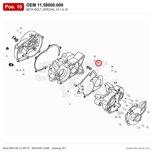 BETA BOLT, SPECIAL 10.1,5.10 – OEM 11.58000.000, position 10 on the Beta MINI 50 LC MY15 engine case drawing