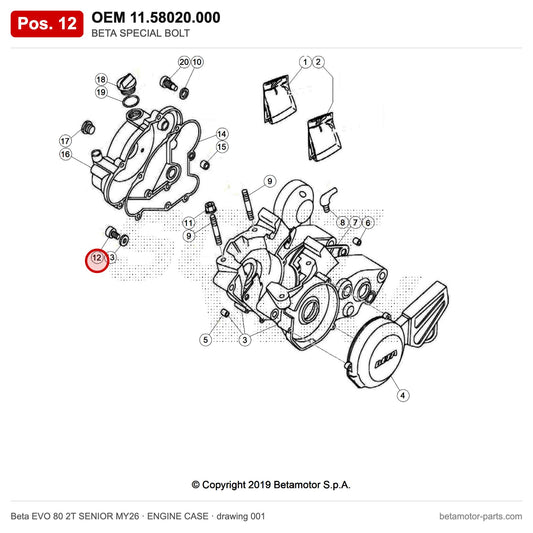 BETA SPECIAL BOLT – OEM 11.58020.000, position 12 on the Beta EVO 80 2T SENIOR MY26 engine case drawing