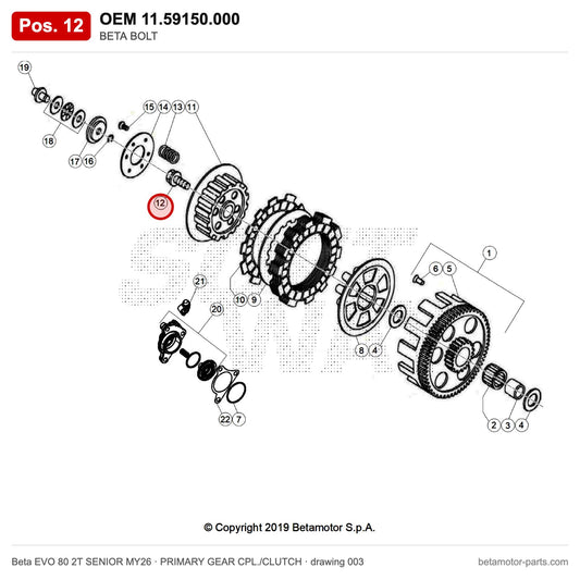 BETA BOLT – OEM 11.59150.000, position 12 on the Beta EVO 80 2T SENIOR MY26 primary gear cpl./clutch drawing