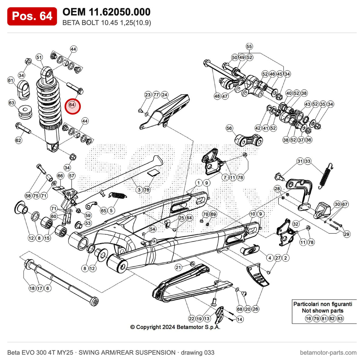 BETA BOLT 10.45 1,25(10.9) – OEM 11.62050.000, position 64 on the Beta EVO 300 4T MY25 swing arm/rear suspension drawing