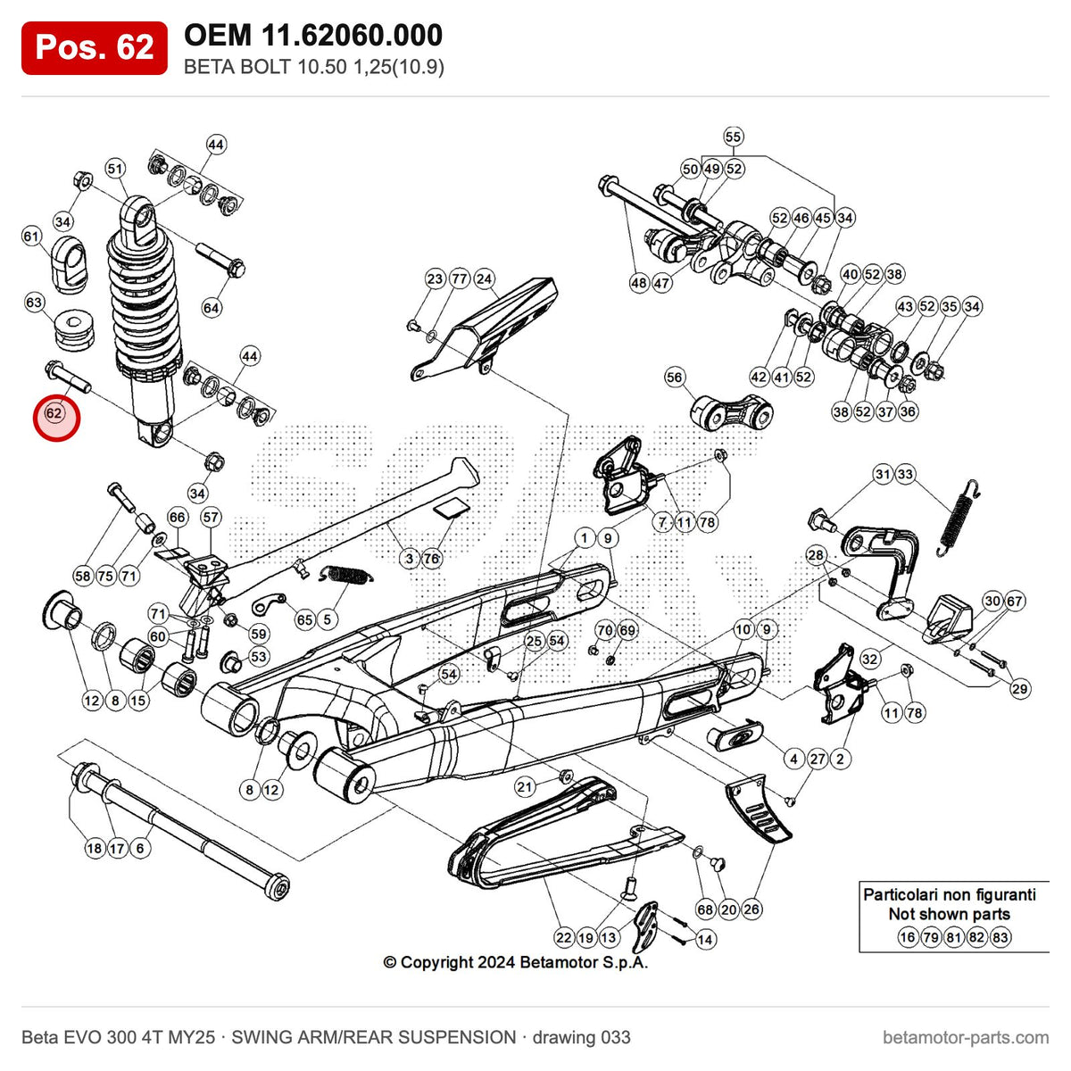 BETA BOLT 10.50 1,25(10.9) – OEM 11.62060.000, position 62 on the Beta EVO 300 4T MY25 swing arm/rear suspension drawing