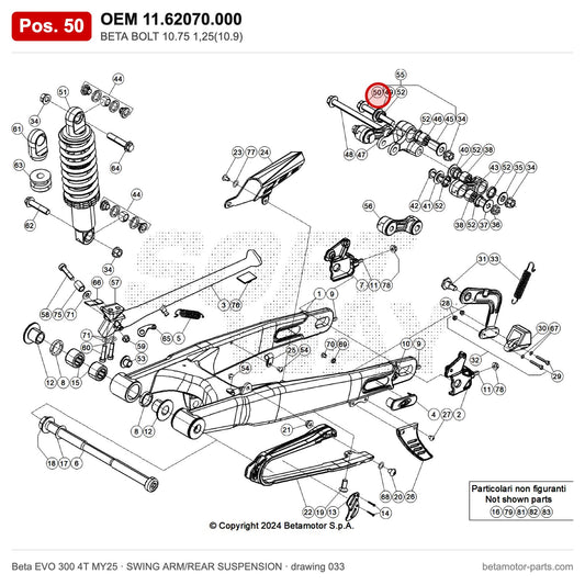 BETA BOLT 10.75 1,25(10.9) – OEM 11.62070.000, position 50 on the Beta EVO 300 4T MY25 swing arm/rear suspension drawing