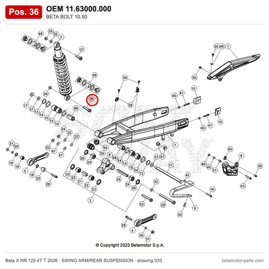 BETA BOLT 10.50 – OEM 11.63000.000, position 36 on the Beta X RR 125 4T T 2026 swing arm/rear suspension drawing