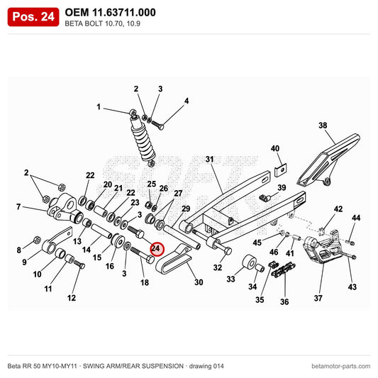 BETA BOLT 10.70, 10.9 – OEM 11.63711.000, position 24 on the Beta RR 50 MY10-MY11 swing arm/rear suspension drawing