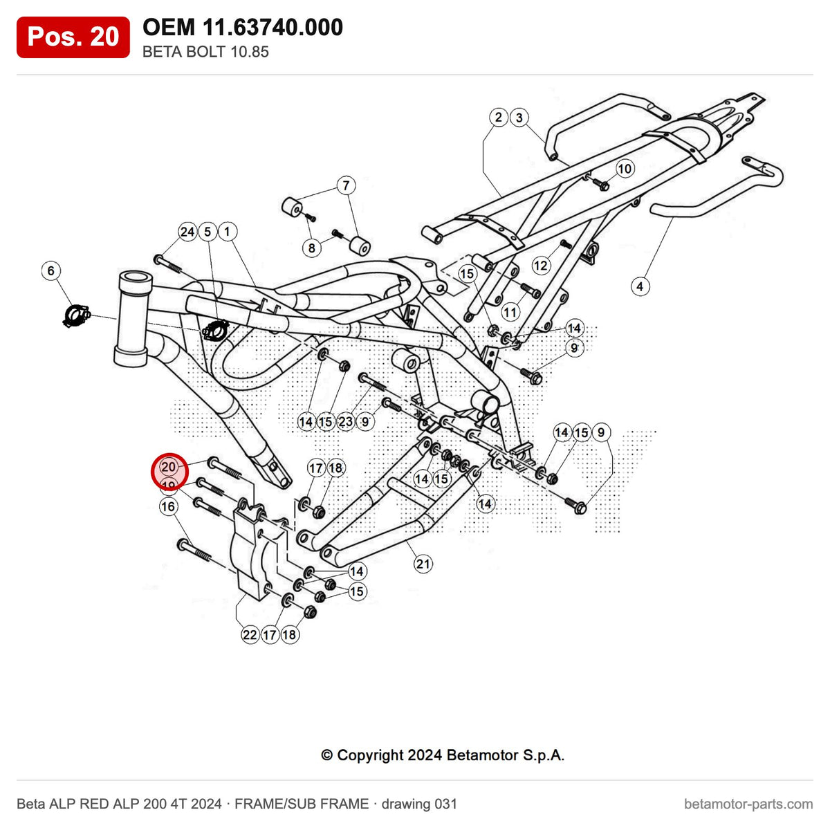 BETA BOLT 10.85 – OEM 11.63740.000, position 20 on the Beta ALP RED ALP 200 4T 2024 frame/sub frame drawing