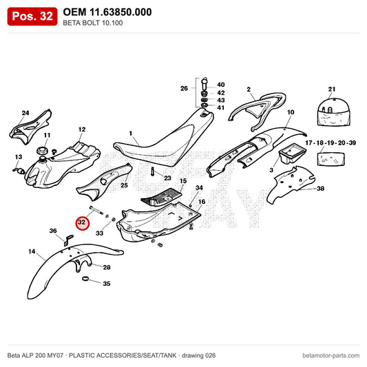 BETA BOLT 10.100 – OEM 11.63850.000, position 32 on the Beta ALP 200 MY07 plastic accessories/seat/tank drawing