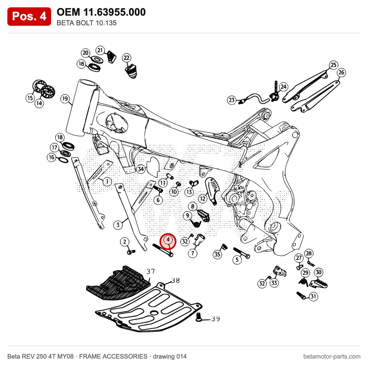 BETA BOLT 10.135 – OEM 11.63955.000, position 4 on the Beta REV 250 4T MY08 frame accessories drawing