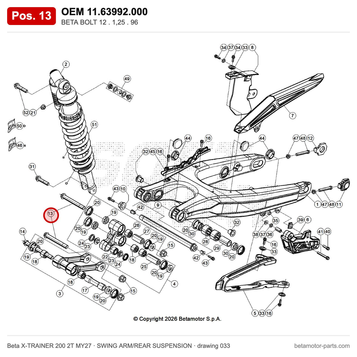 BETA BOLT 12 . 1,25 . 96 – OEM 11.63992.000, position 13 on the Beta X-TRAINER 200 2T MY27 swing arm/rear suspension drawing