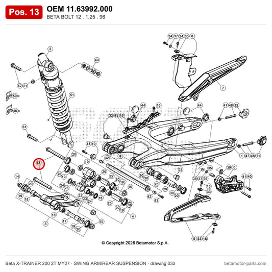 BETA BOLT 12 . 1,25 . 96 – OEM 11.63992.000, position 13 on the Beta X-TRAINER 200 2T MY27 swing arm/rear suspension drawing