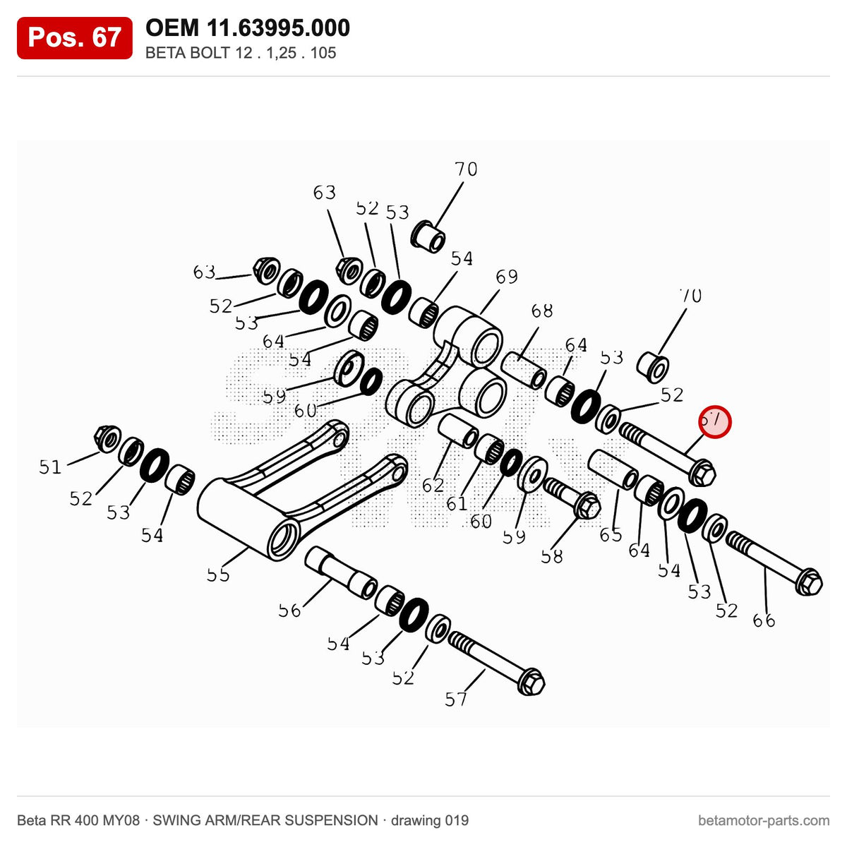 BETA BOLT 12 . 1,25 . 105 – OEM 11.63995.000, position 67 on the Beta RR 400 MY08 swing arm/rear suspension drawing