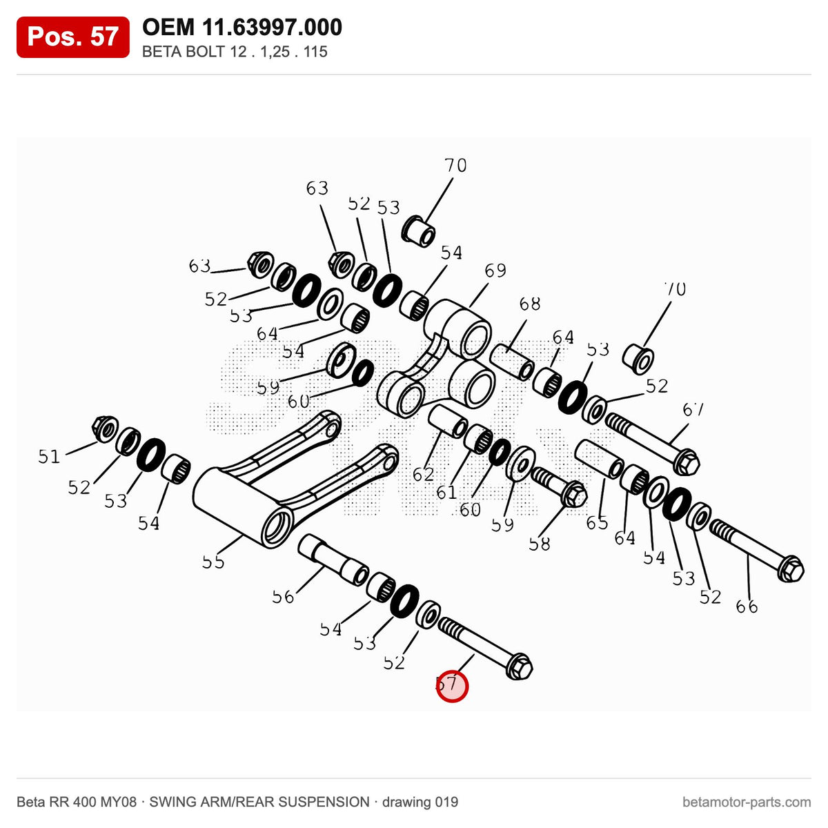 BETA BOLT 12 . 1,25 . 115 – OEM 11.63997.000, position 57 on the Beta RR 400 MY08 swing arm/rear suspension drawing