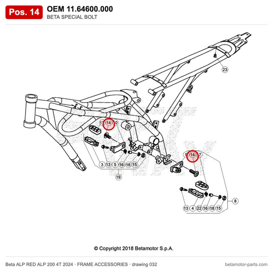 BETA SPECIAL BOLT – OEM 11.64600.000, position 14 on the Beta ALP RED ALP 200 4T 2024 frame accessories drawing