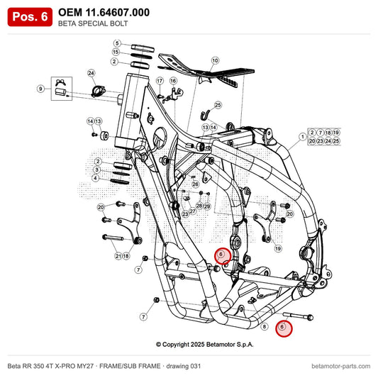 BETA SPECIAL BOLT – OEM 11.64607.000, position 6 on the Beta RR 350 4T X-PRO MY27 frame/sub frame drawing