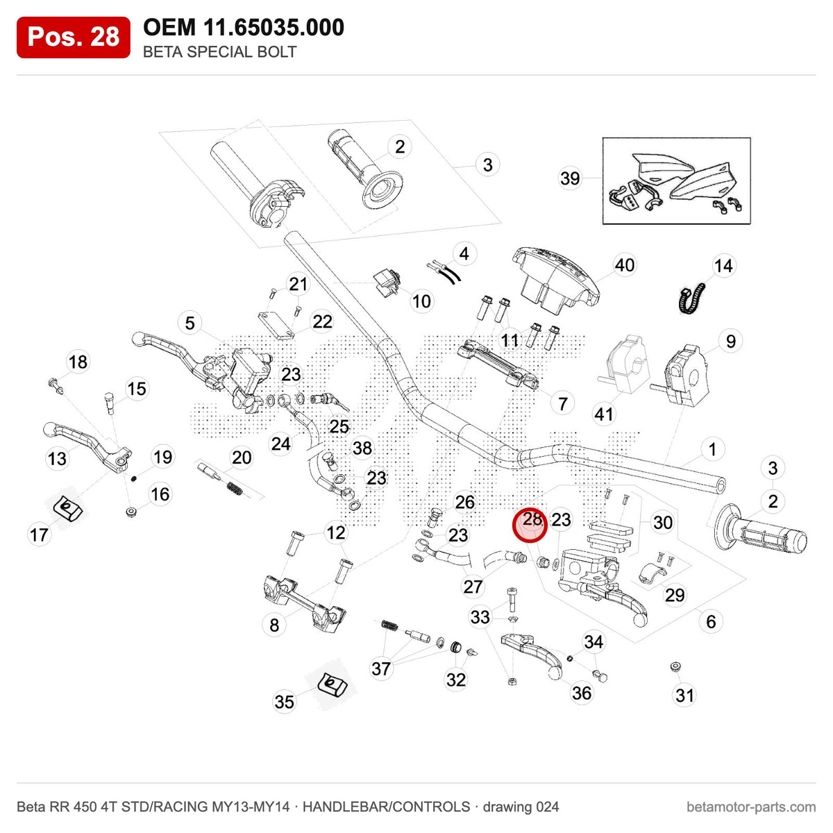 BETA SPECIAL BOLT – OEM 11.65035.000, position 28 on the Beta RR 450 4T STD/RACING MY13-MY14 handlebar/controls drawing