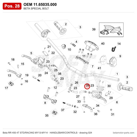 BETA SPECIAL BOLT – OEM 11.65035.000, position 28 on the Beta RR 450 4T STD/RACING MY13-MY14 handlebar/controls drawing