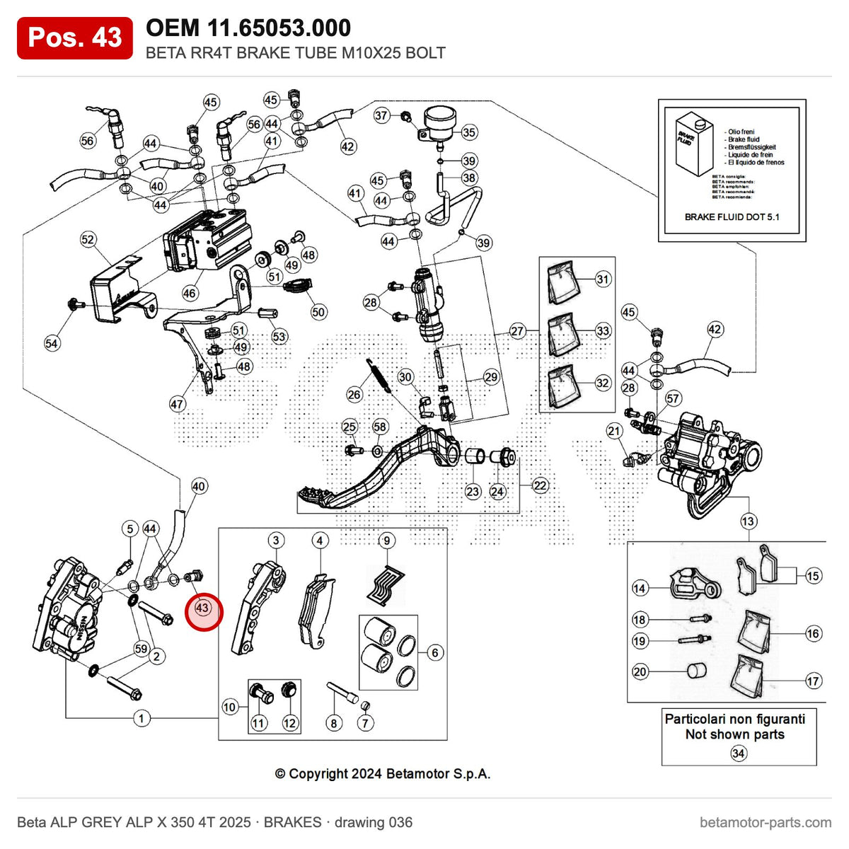 BETA RR4T BRAKE TUBE M10X25 BOLT – OEM 11.65053.000, position 43 on the Beta ALP GREY ALP X 350 4T 2025 brakes drawing