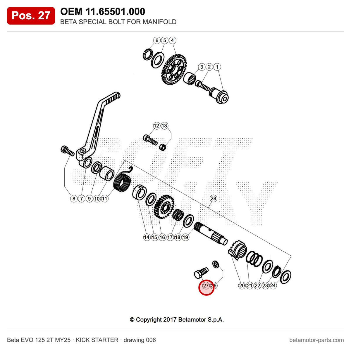 BETA SPECIAL BOLT FOR MANIFOLD – OEM 11.65501.000, position 27 on the Beta EVO 125 2T MY25 kick starter drawing