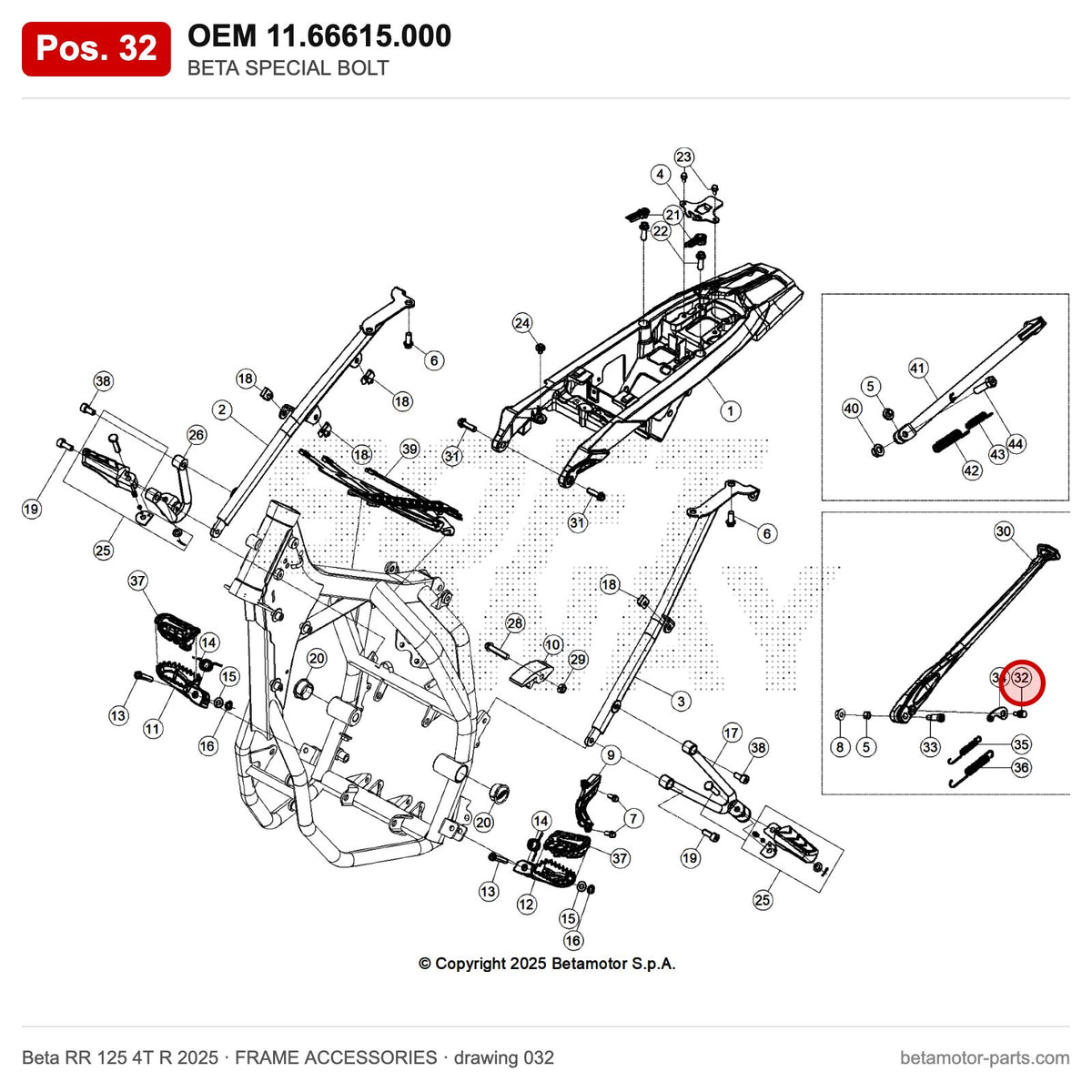 BETA SPECIAL BOLT – OEM 11.66615.000, position 32 on the Beta RR 125 4T R 2025 frame accessories drawing