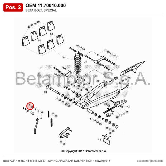 BETA BOLT, SPECIAL – OEM 11.70010.000, position 2 on the Beta ALP 4.0 350 4T MY16-MY17 swing arm/rear suspension drawing