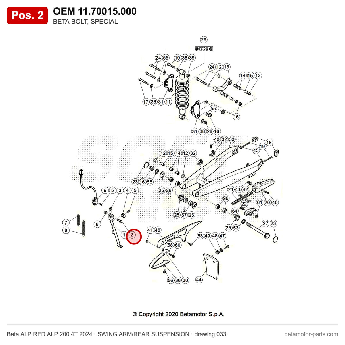 BETA BOLT, SPECIAL – OEM 11.70015.000, position 2 on the Beta ALP RED ALP 200 4T 2024 swing arm/rear suspension drawing