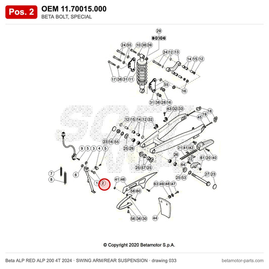 BETA BOLT, SPECIAL – OEM 11.70015.000, position 2 on the Beta ALP RED ALP 200 4T 2024 swing arm/rear suspension drawing