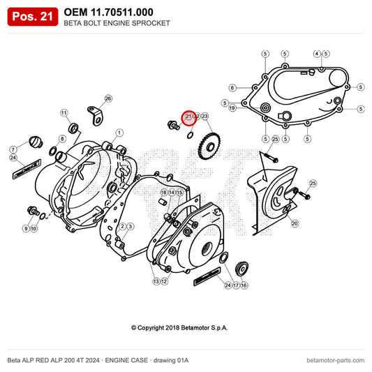 BETA BOLT ENGINE SPROCKET – OEM 11.70511.000, position 21 on the Beta ALP RED ALP 200 4T 2024 engine case drawing