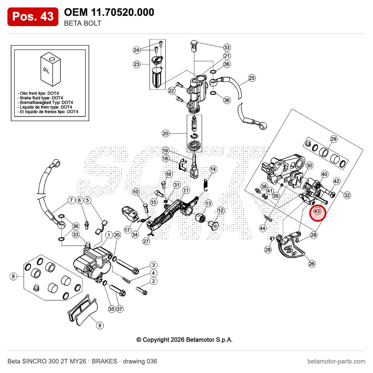 BETA BOLT – OEM 11.70520.000, position 43 on the Beta SINCRO 300 2T MY26 brakes drawing